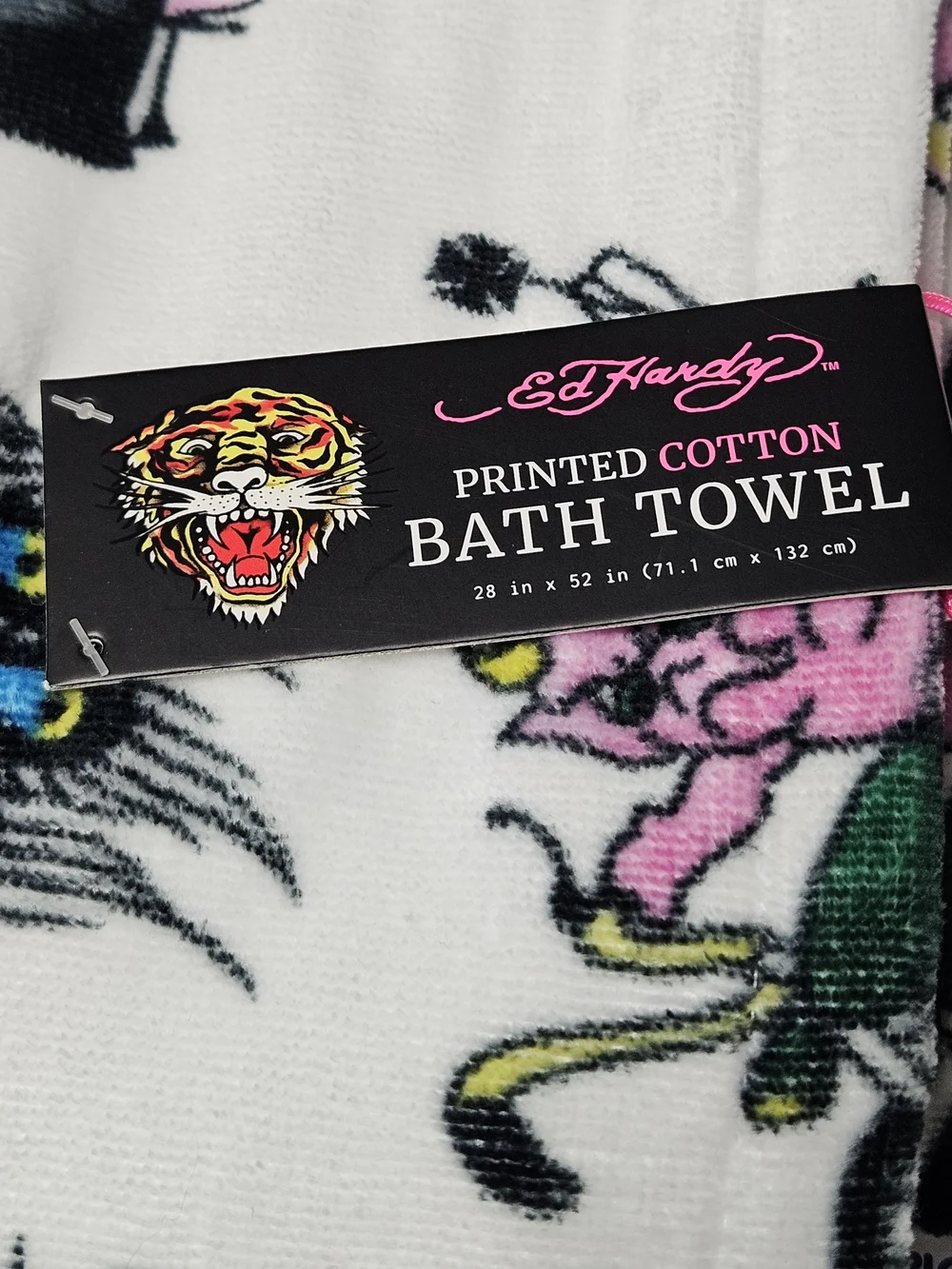 Ed Hardy 1 Bath Towel White with Pink & Black Tattoo Peacock Woman Biker Print